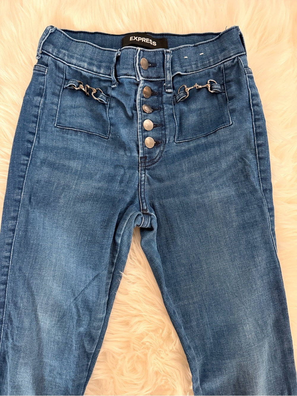 Express High-Rise Button-Fly Jeans in Dark Blue Denim - Picture 4 of 6